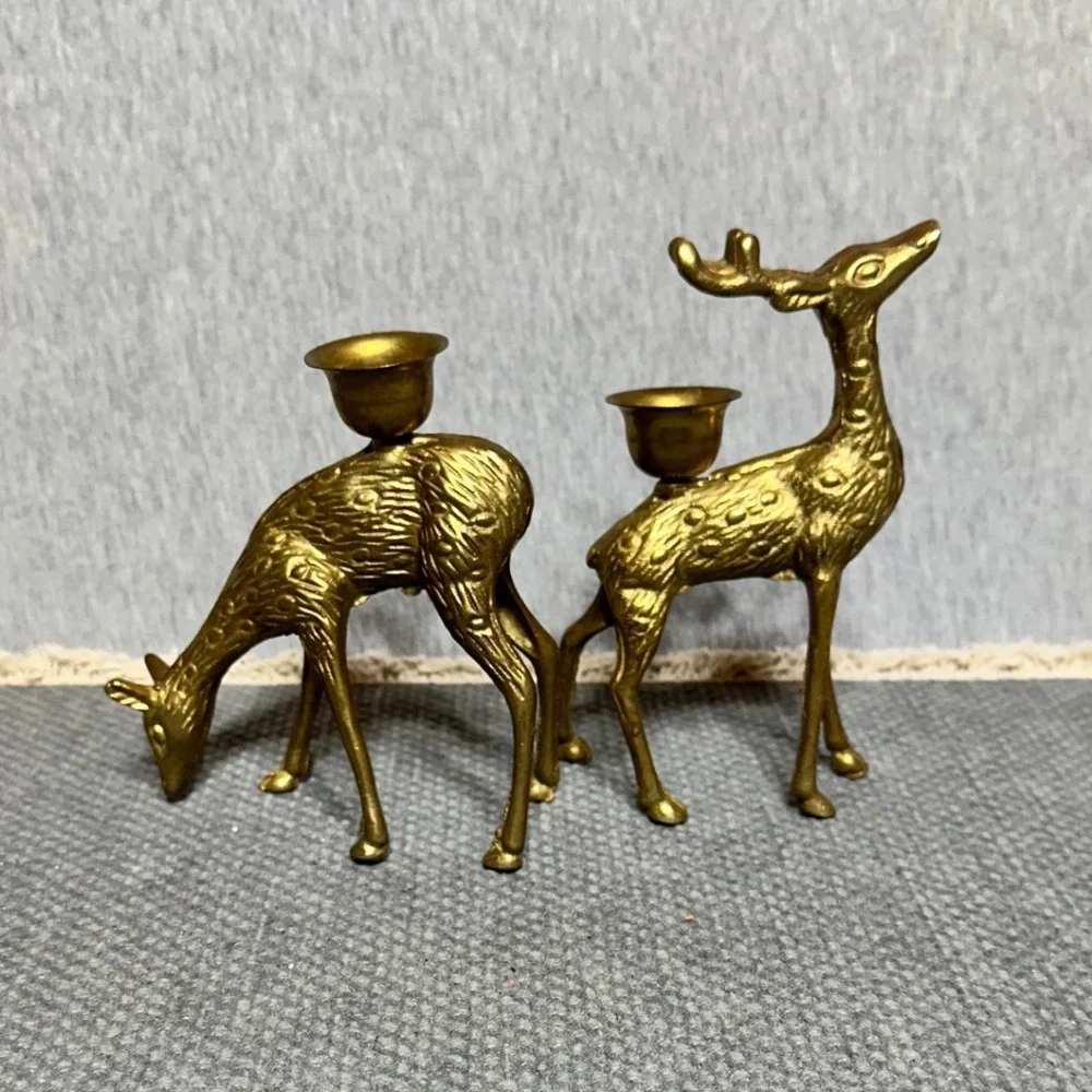 Vintage Brass Deer Candle Holder Set Mid Century Buck and Doe Reindeer Decor